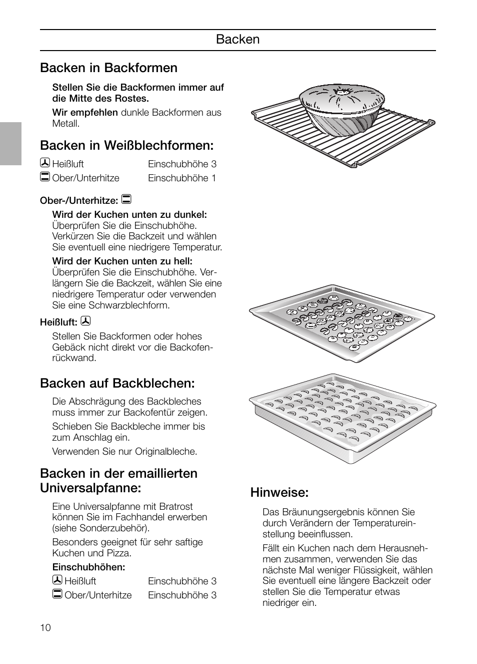 Backen backen in backformen, Backen in weißblechformen, Backen auf backblechen | Backen in der emaillierten universalpfanne, Hinweise | Neff B132 User Manual | Page 10 / 124