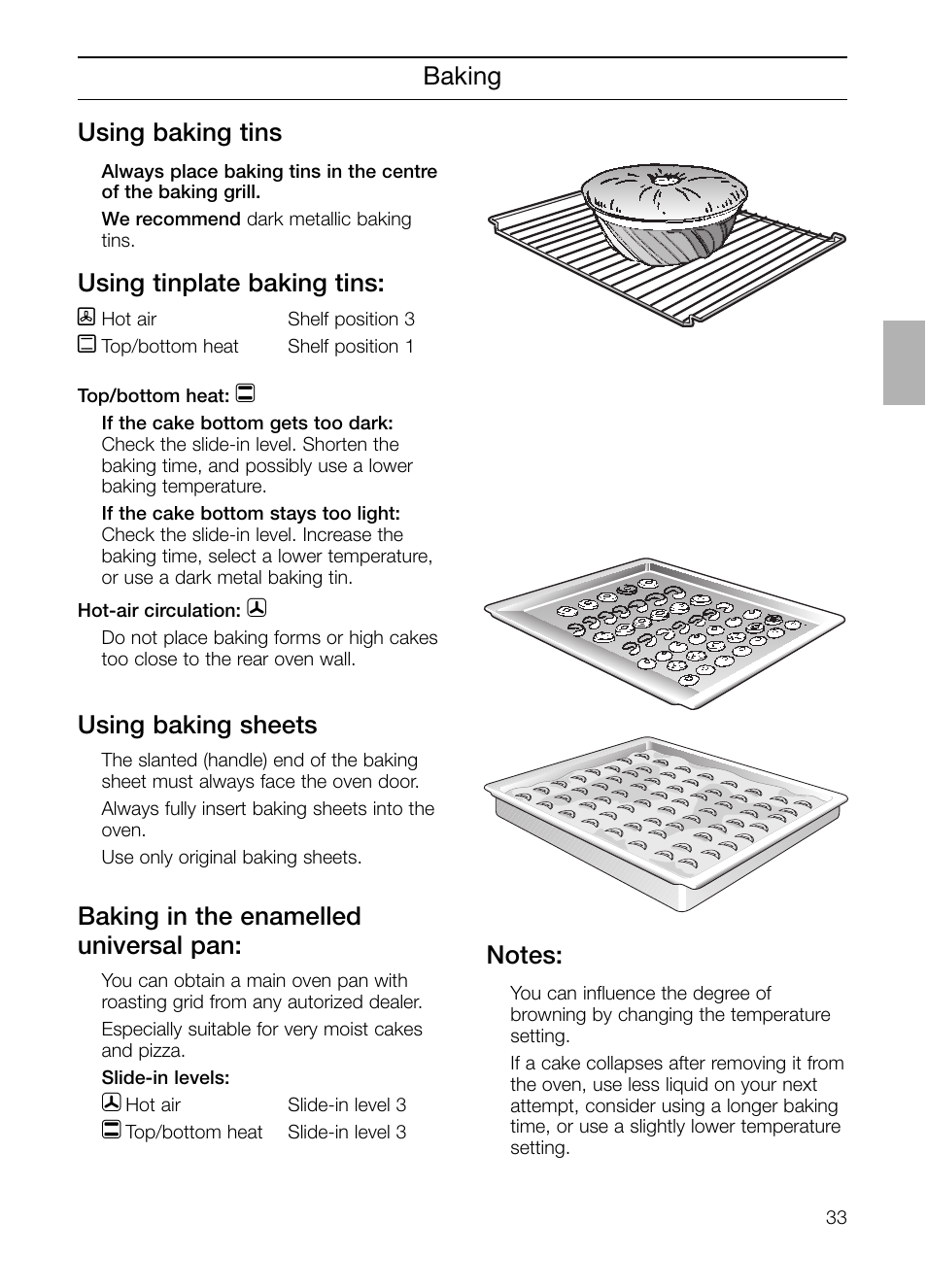 Baking using baking tins, Using tinplate baking tins, Using baking sheets | Baking in the enamelled universal pan | Neff B132 User Manual | Page 33 / 124
