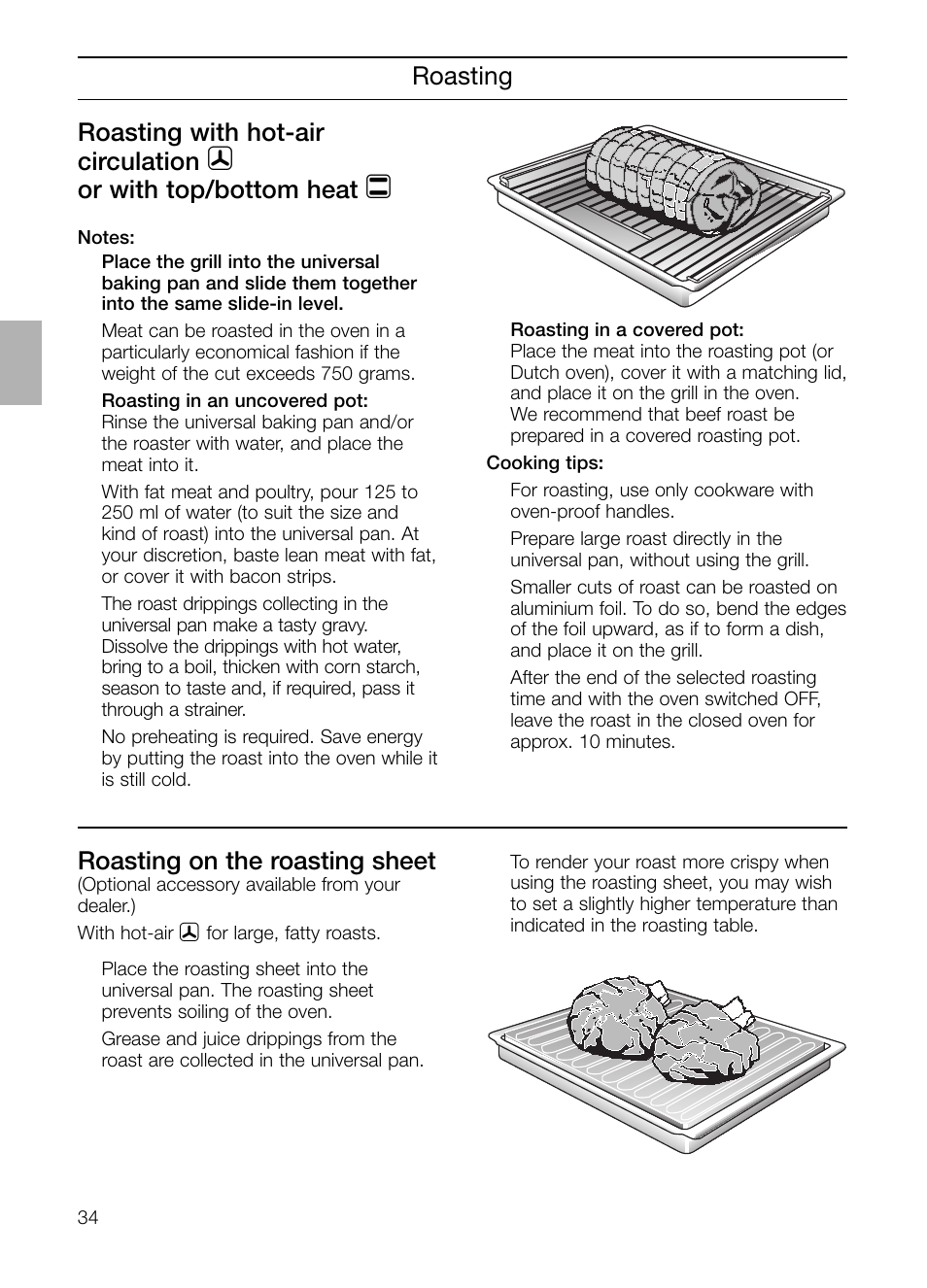 Roasting roasting with hot-air circulation, Or with top/bottom heat, Roasting on the roasting sheet | Neff B132 User Manual | Page 34 / 124