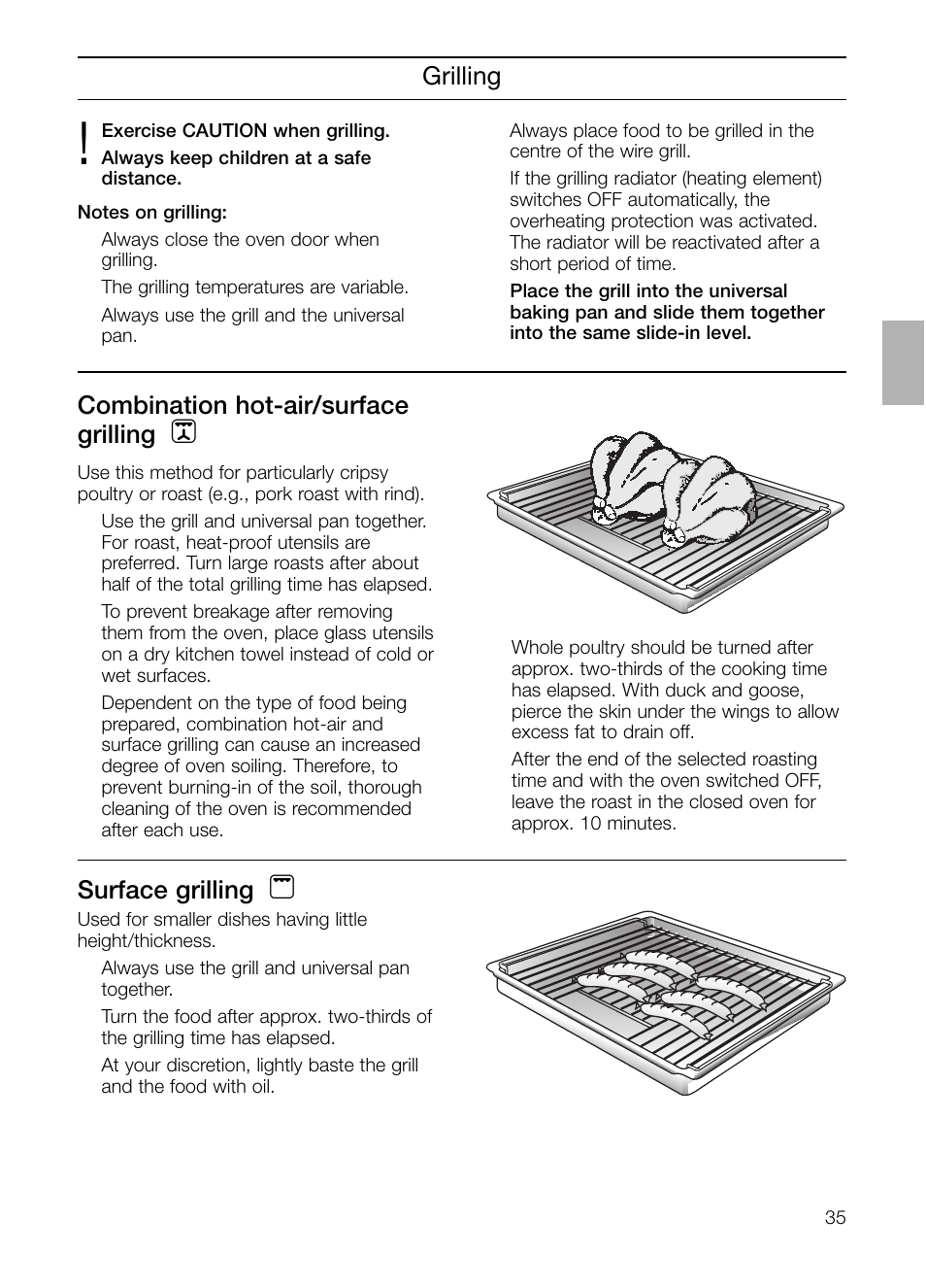 Grilling surface grilling, Combination hot-air/surface grilling | Neff B132 User Manual | Page 35 / 124