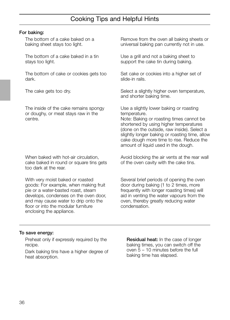Cooking tips and helpful hints | Neff B132 User Manual | Page 36 / 124