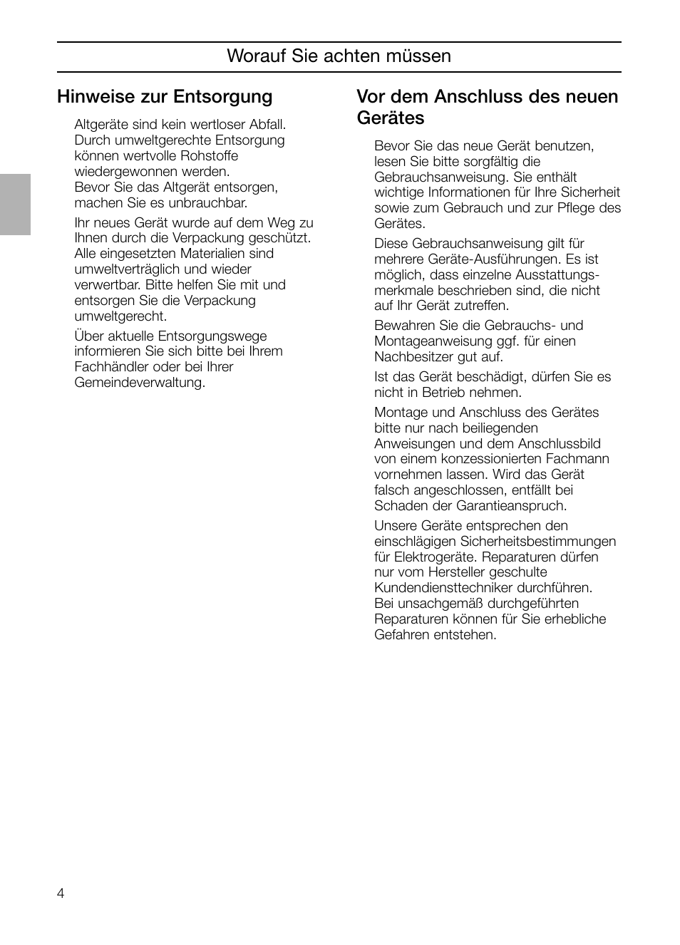 Worauf sie achten müssen hinweise zur entsorgung, Vor dem anschluss des neuen gerätes | Neff B132 User Manual | Page 4 / 124