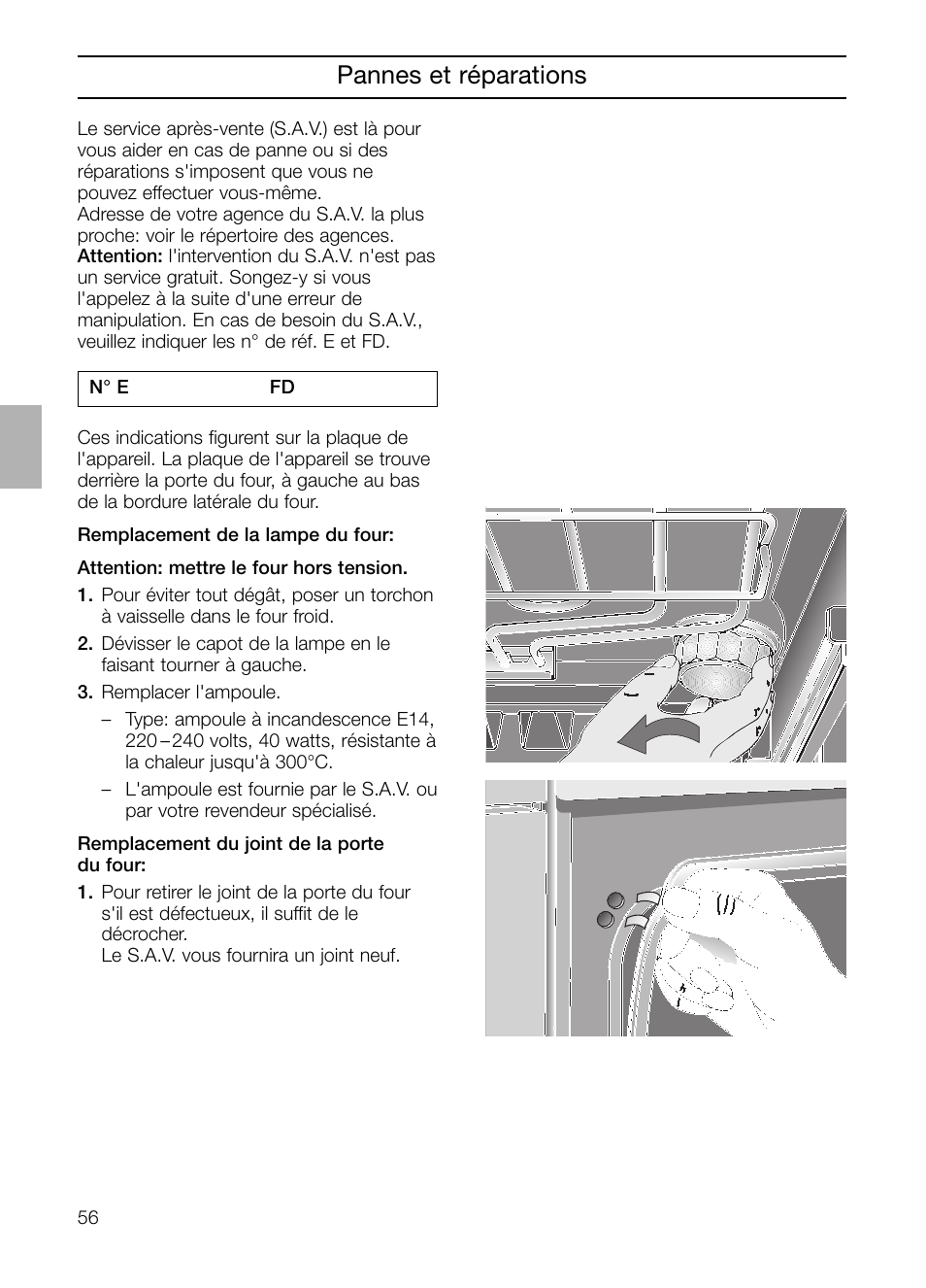 Pannes et réparations | Neff B132 User Manual | Page 56 / 124