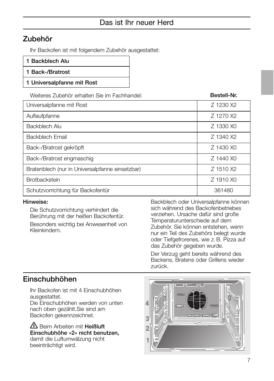 Das ist ihr neuer herd, Zubehör, Einschubhöhen | Neff B132 User Manual | Page 7 / 124