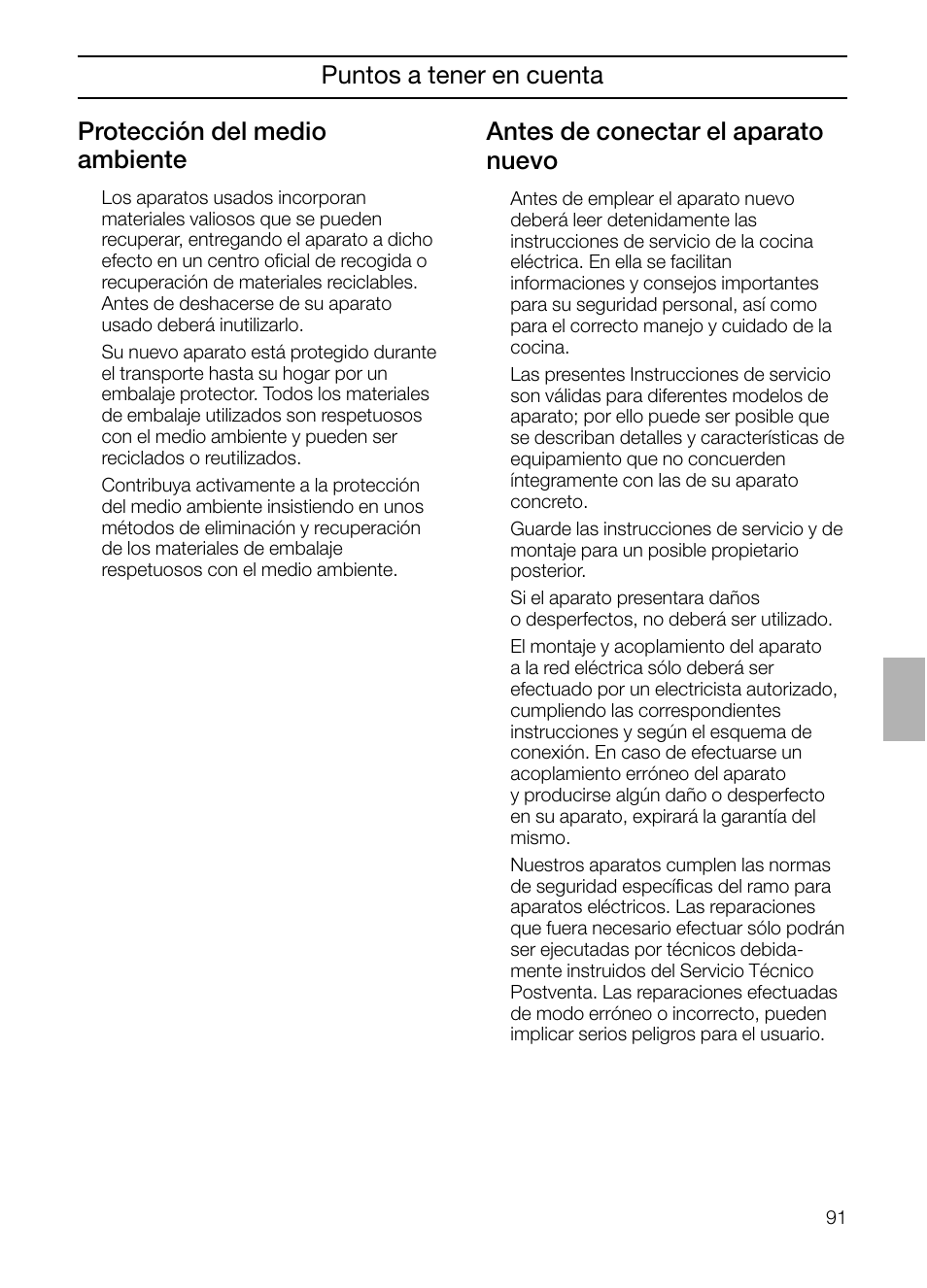 Protección del medio ambiente, Antes de conectar el aparato nuevo, Puntos a tener en cuenta | Neff B132 User Manual | Page 91 / 124