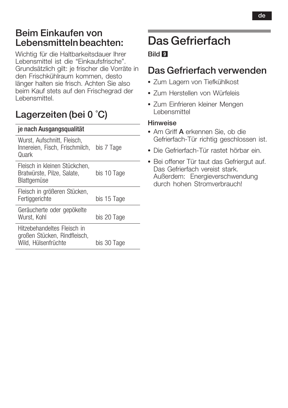 Das gefrierfach, Beim einkaufen von lebensmitteln beachten, Lagerzeiten (bei 0 °c) | Das gefrierfach verwenden | Neff K8225X0 User Manual | Page 13 / 104