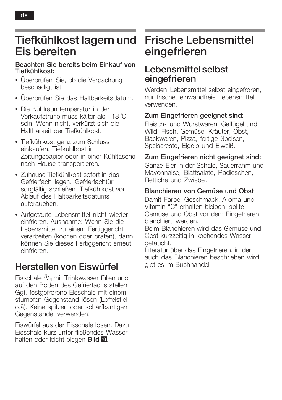 Tiefkühlkost lagern und eis bereiten, Frische lebensmittel eingefrieren, Herstellen von eiswürfel | Lebensmittel selbst eingefrieren | Neff K8225X0 User Manual | Page 14 / 104