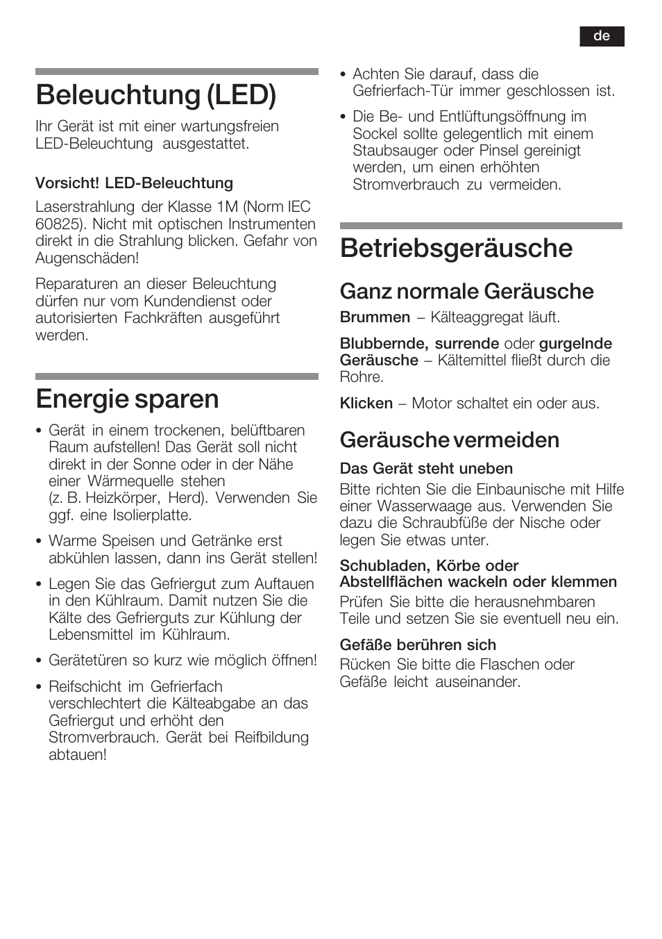 Beleuchtung (led), Energie sparen, Betriebsgeräusche | Ganz normale geräusche, Geräusche vermeiden | Neff K8225X0 User Manual | Page 19 / 104