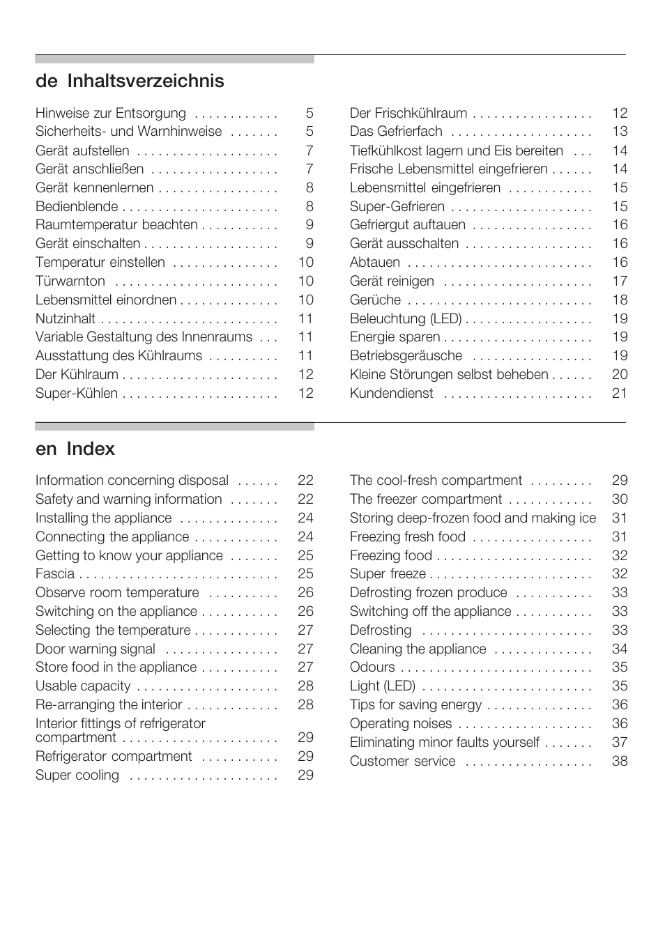 Deąinhaltsverzeichnis, Enąindex | Neff K8225X0 User Manual | Page 2 / 104