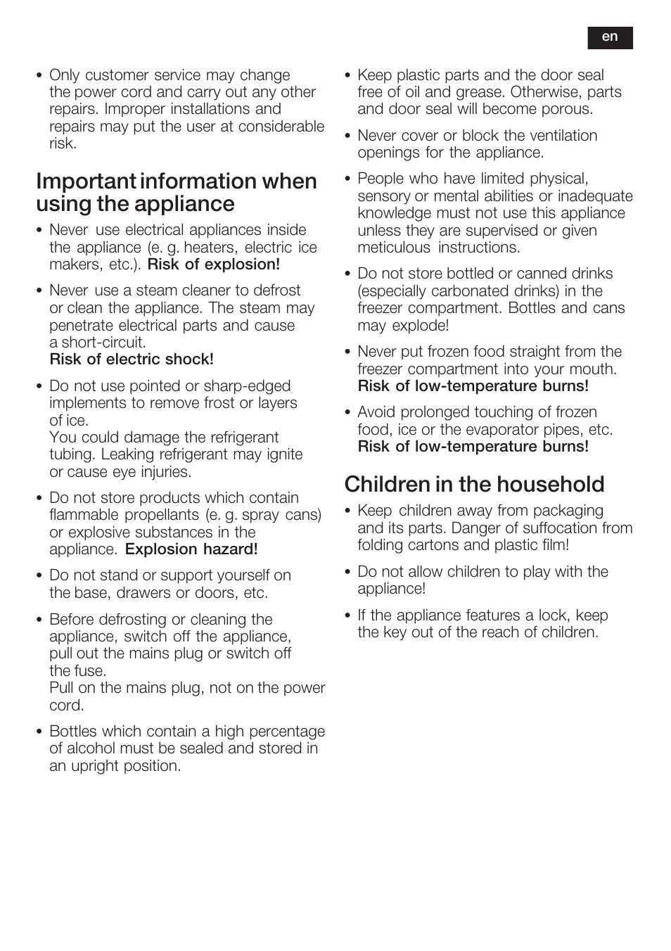 Important information when using the appliance, Children in the household | Neff K8225X0 User Manual | Page 23 / 104