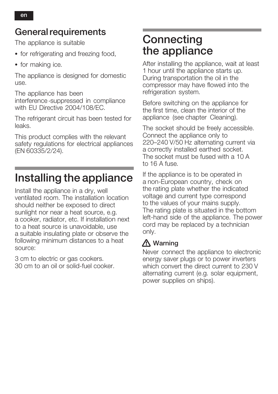 Installing the appliance, Connecting the appliance, General requirements | Neff K8225X0 User Manual | Page 24 / 104