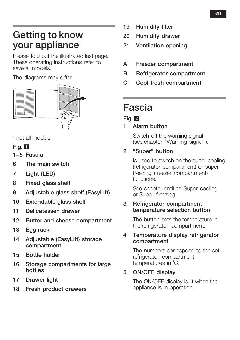 Getting to know your appliance, Fascia | Neff K8225X0 User Manual | Page 25 / 104