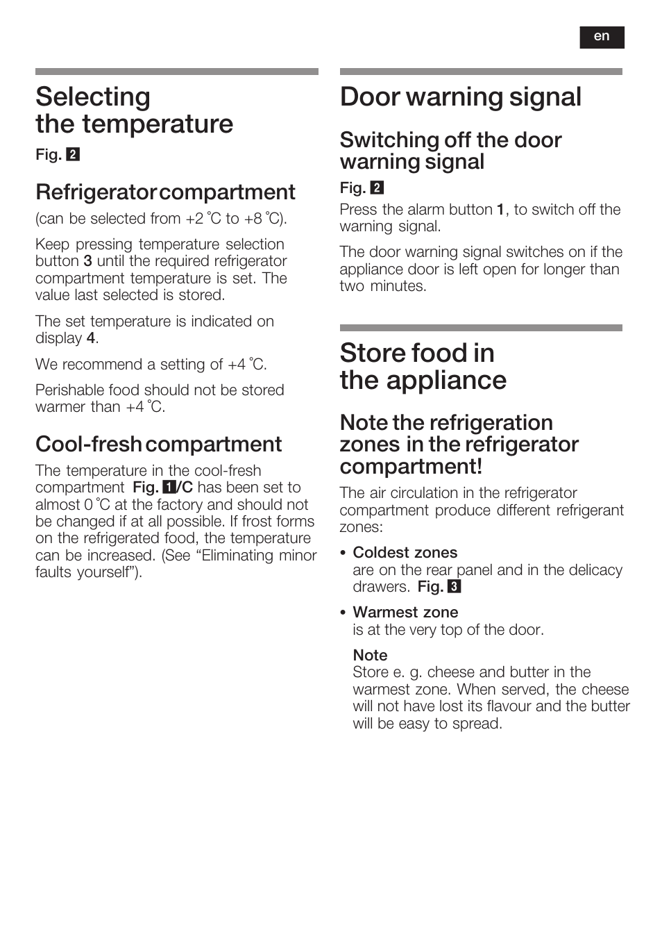 Selecting the temperature, Door warning signal, Store food in the appliance | Refrigerator compartment, Coolćfresh compartment, Switching off the door warning signal | Neff K8225X0 User Manual | Page 27 / 104