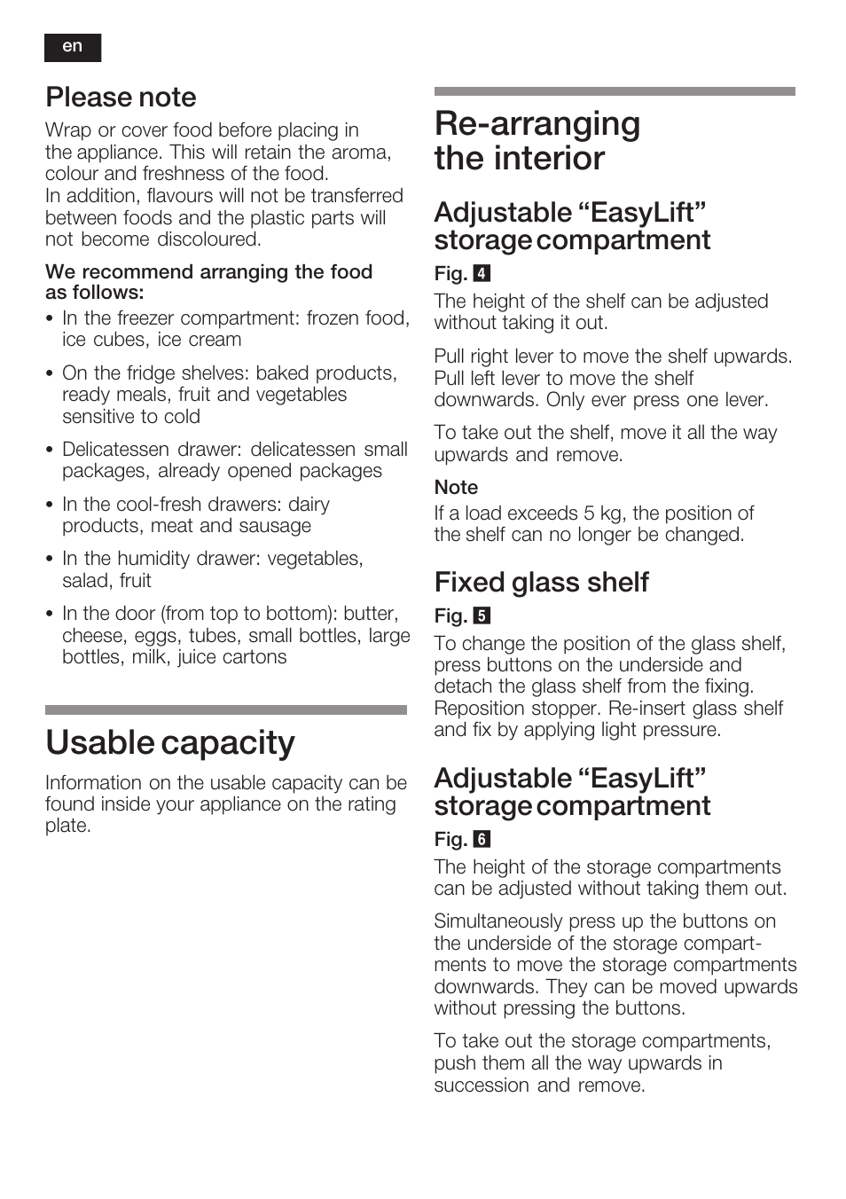 Usable capacity, Rećarranging the interior, Adjustable easylift" storage compartment | Fixed glass shelf | Neff K8225X0 User Manual | Page 28 / 104