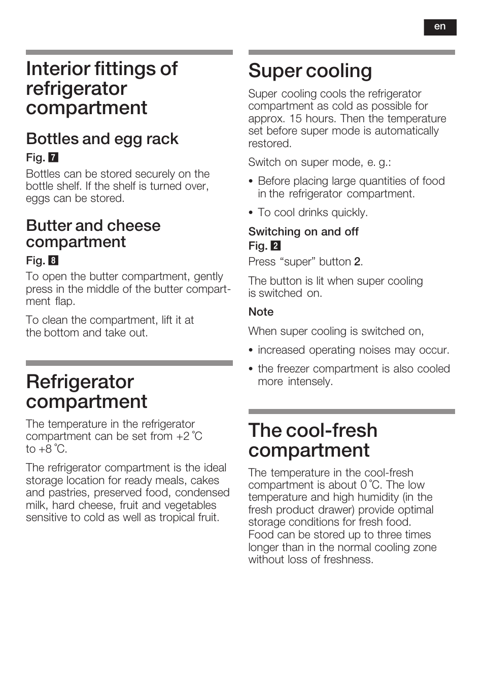 Interior fittings of refrigerator compartment, Refrigerator compartment, Super cooling | The coolćfresh compartment, Bottles and egg rack, Butter and cheese compartment | Neff K8225X0 User Manual | Page 29 / 104
