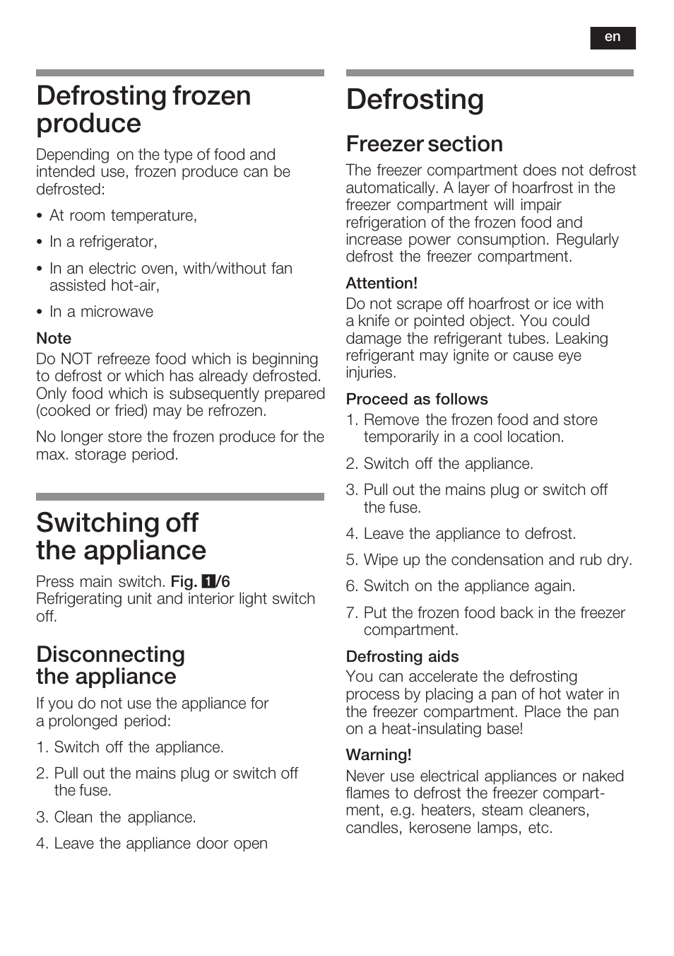 Defrosting, Defrosting frozen produce, Switching off the appliance | Disconnecting the appliance | Neff K8225X0 User Manual | Page 33 / 104