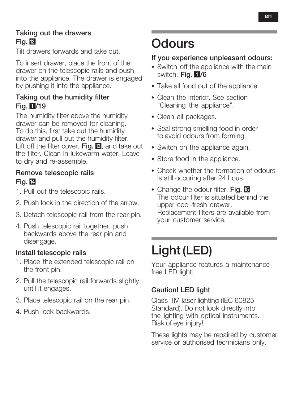 Odours, Light, Led) | Neff K8225X0 User Manual | Page 35 / 104