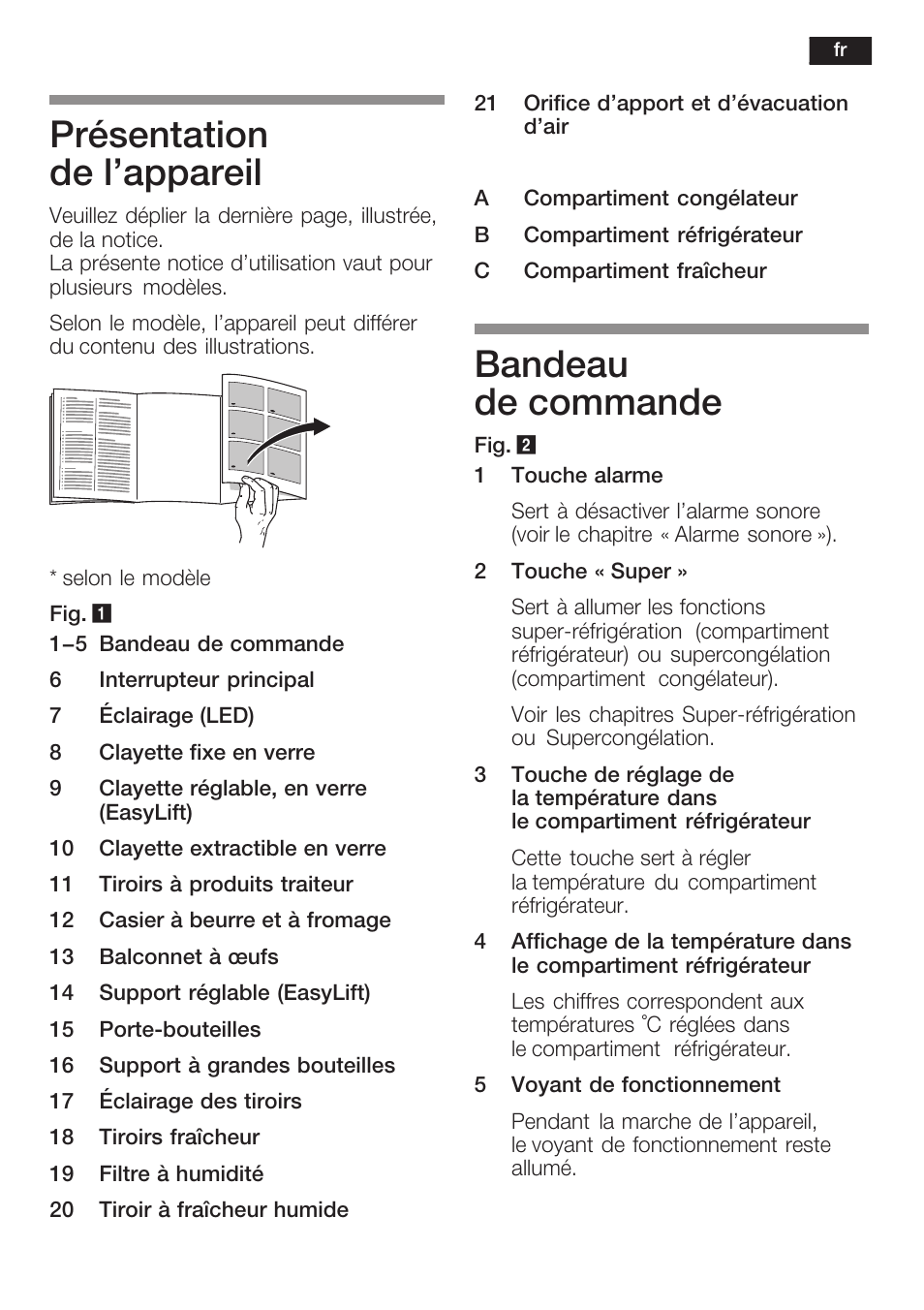 Présentation de l'appareil, Bandeau de commande | Neff K8225X0 User Manual | Page 43 / 104
