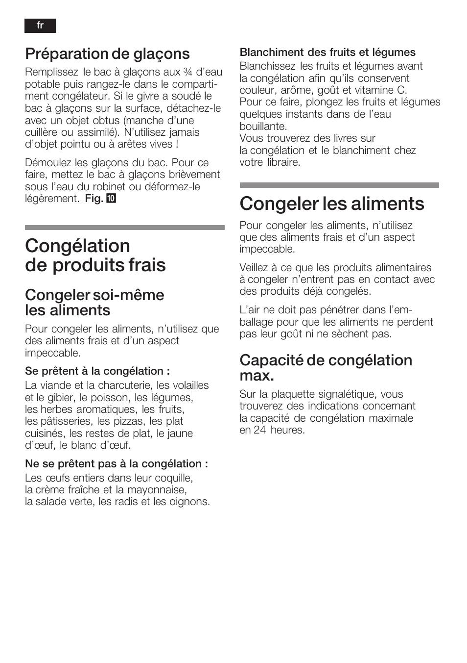 Congélation de produits frais, Congeler les aliments, Préparation de glaçons | Congeler soićmême les aliments, Capacité de congélation max | Neff K8225X0 User Manual | Page 50 / 104