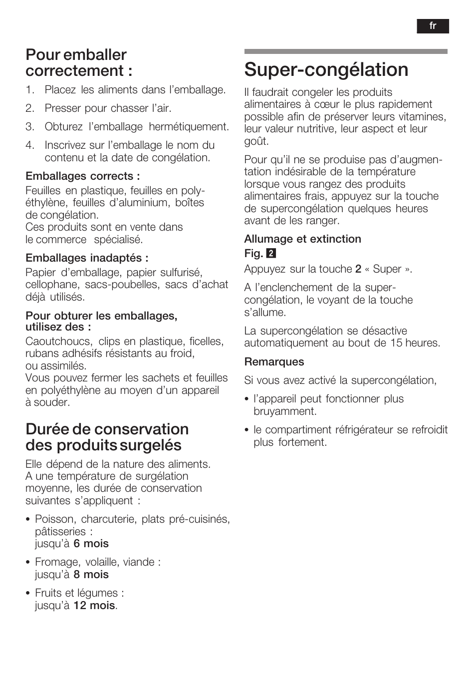 Superćcongélation, Pour emballer correctement, Durée de conservation desăproduits surgelés | Neff K8225X0 User Manual | Page 51 / 104