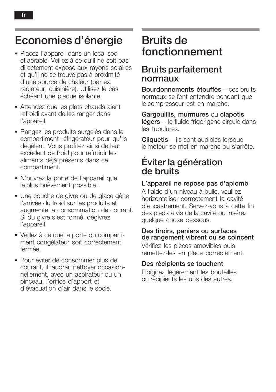 Economies d'énergie, Bruits de fonctionnement, Bruits parfaitement normaux | Éviter la génération de bruits | Neff K8225X0 User Manual | Page 56 / 104