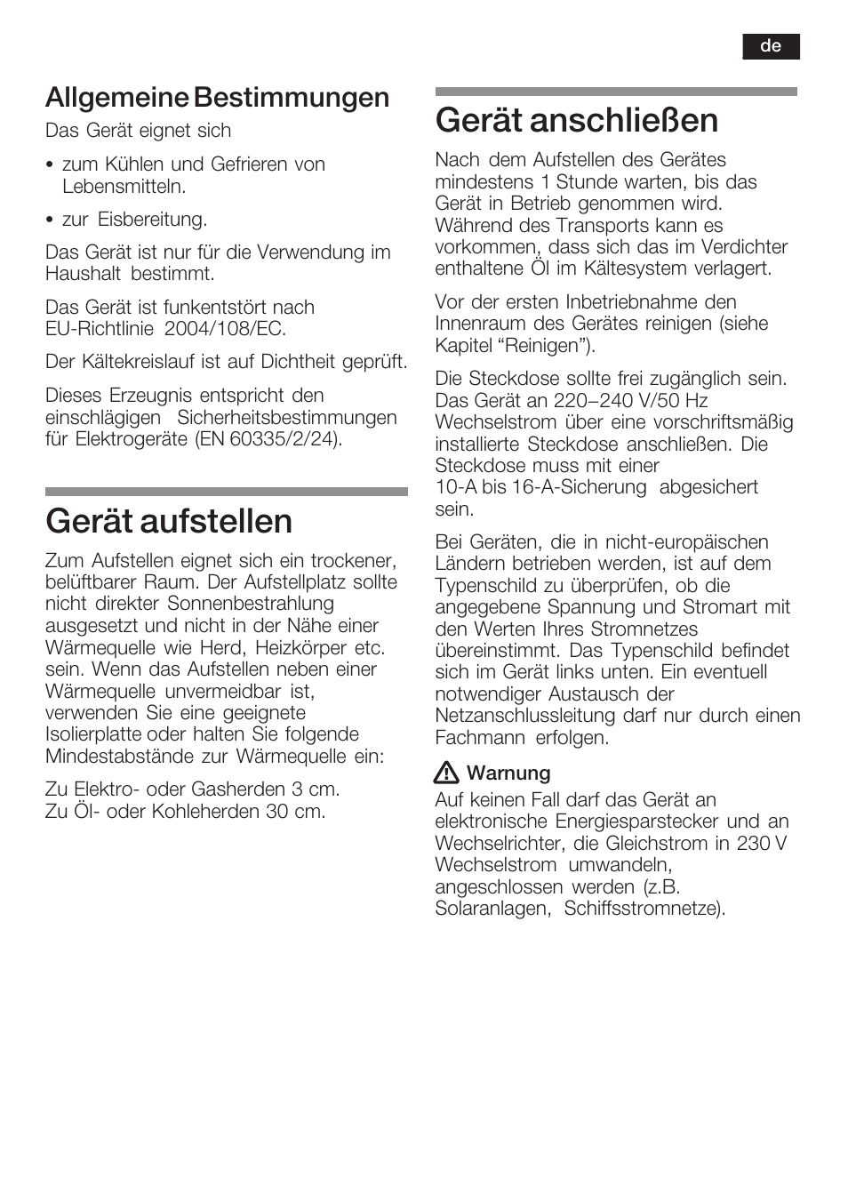 Gerät aufstellen, Gerät anschließen, Allgemeine bestimmungen | Neff K8225X0 User Manual | Page 7 / 104