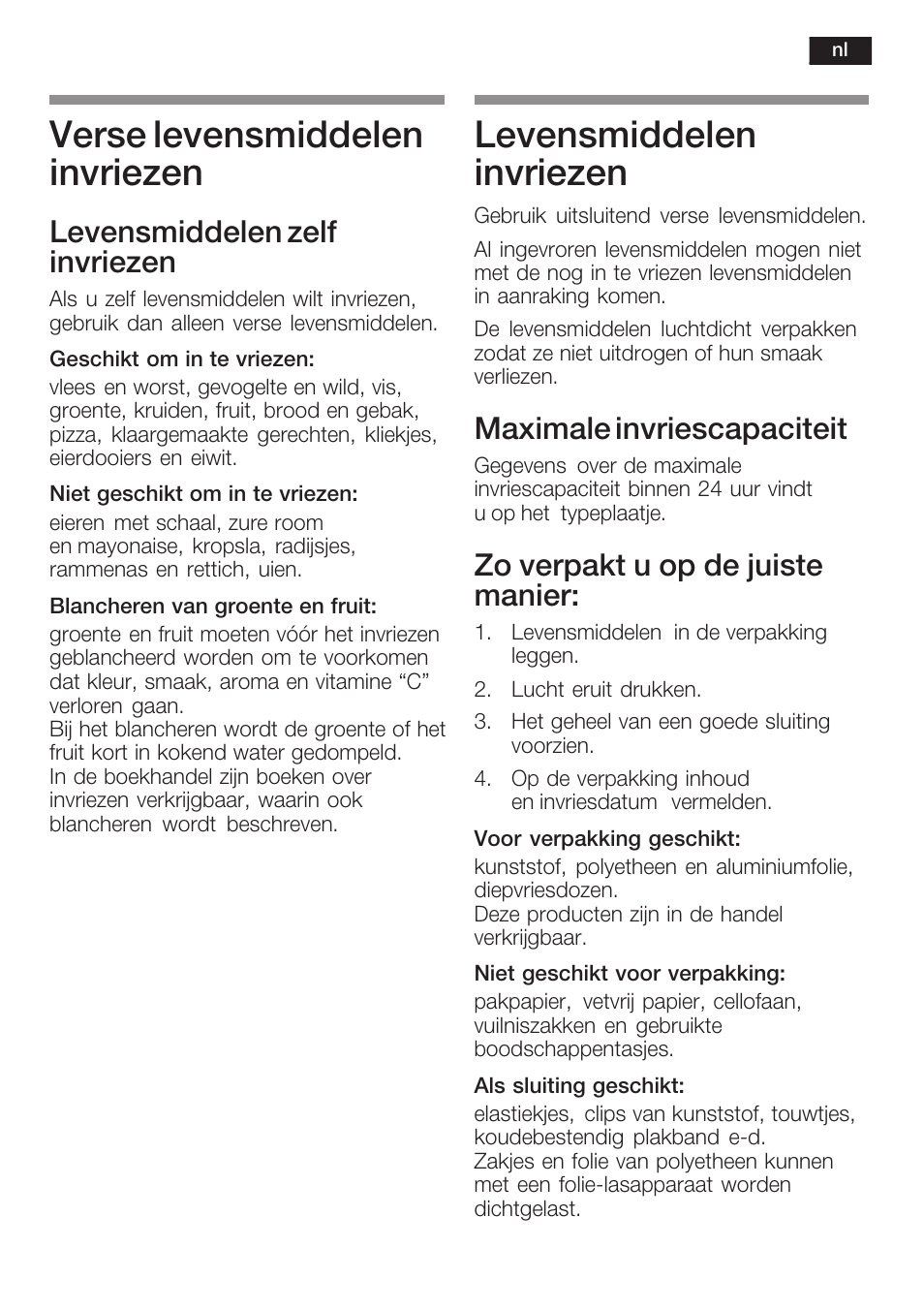 Verse levensmiddelen invriezen, Levensmiddelen invriezen, Levensmiddelen zelf invriezen | Maximale invriescapaciteit, Zo verpakt u op de juiste manier | Neff K8225X0 User Manual | Page 91 / 104