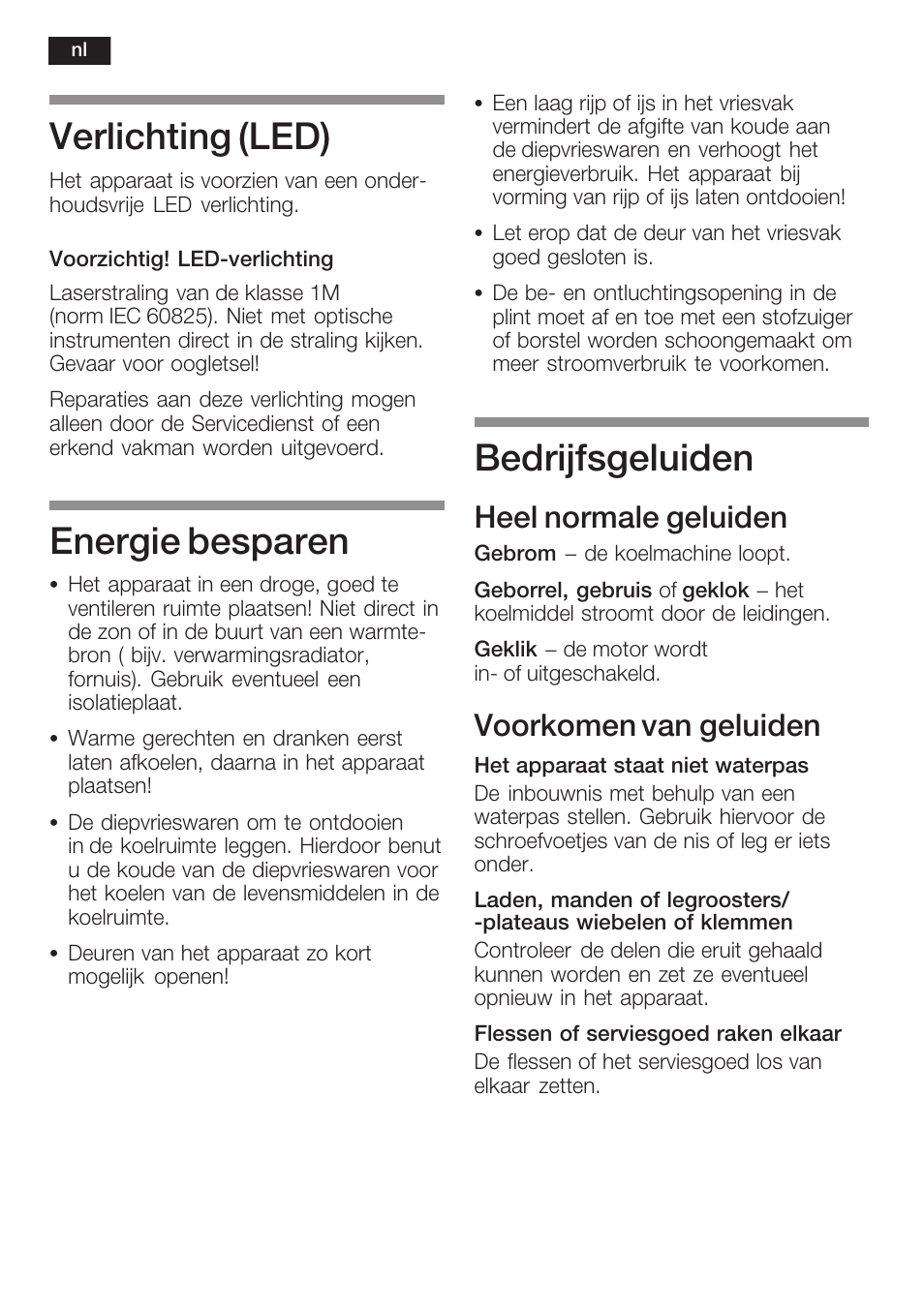 Verlichting, Led), Energie besparen | Bedrijfsgeluiden, Heel normale geluiden, Voorkomen van geluiden | Neff K8225X0 User Manual | Page 96 / 104