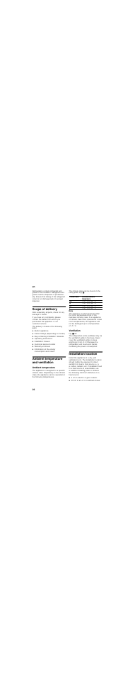Scope of delivery, Ambient temperature and ventilation, Ambient temperature | Ventilation, Installation location, Ntilation | Neff K8315X0 User Manual | Page 22 / 84