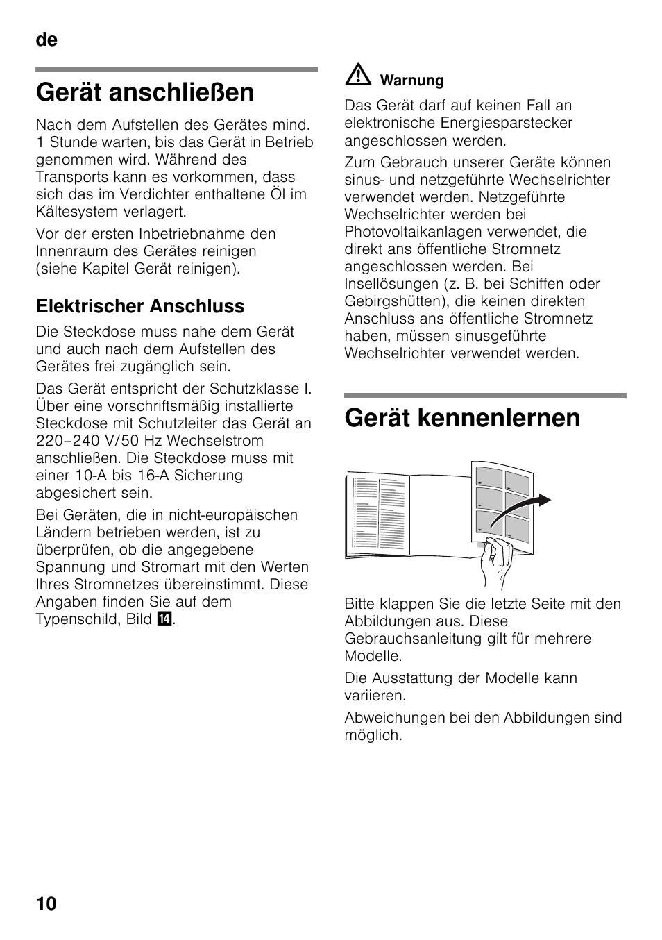 Gerät anschließen, Elektrischer anschluss, Gerät kennenlernen | Gerät anschließen gerät kennenlernen, De 10 | Neff KI8513D30 User Manual | Page 10 / 87