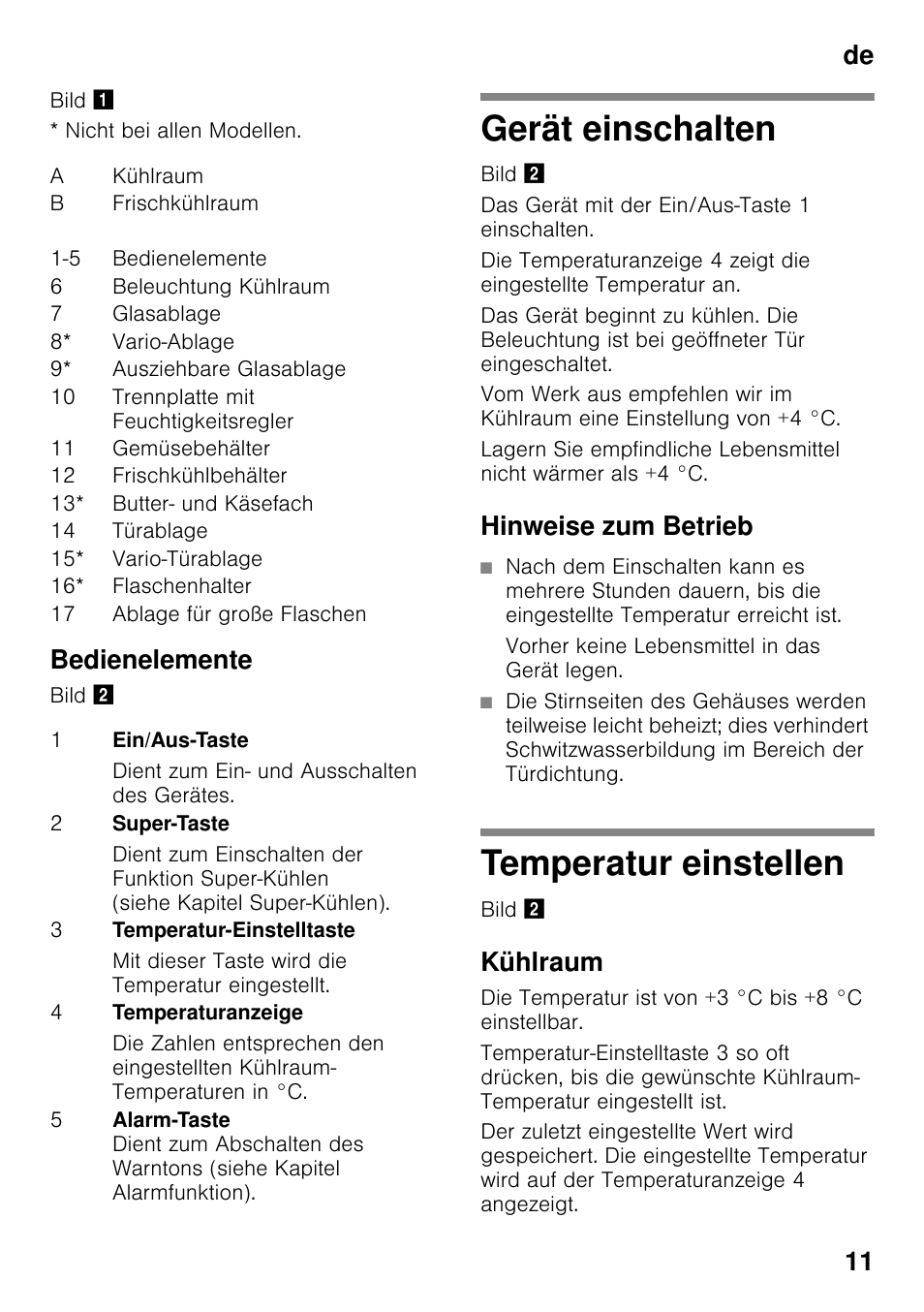 Bedienelemente, Gerät einschalten, Hinweise zum betrieb | Temperatur einstellen, Kühlraum, Gerät einschalten temperatur einstellen, De 11 | Neff KI8513D30 User Manual | Page 11 / 87