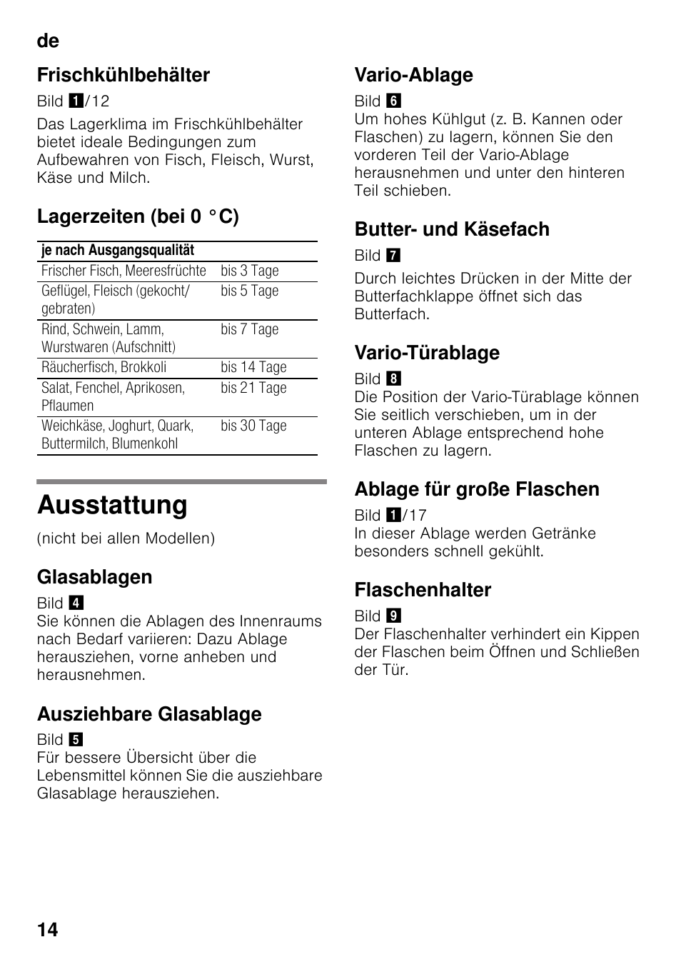 Frischkühlbehälter, Lagerzeiten (bei 0 °c), Ausstattung | Glasablagen, Ausziehbare glasablage, Vario-ablage, Butter- und käsefach, Vario-türablage, Ablage für große flaschen, Flaschenhalter | Neff KI8513D30 User Manual | Page 14 / 87