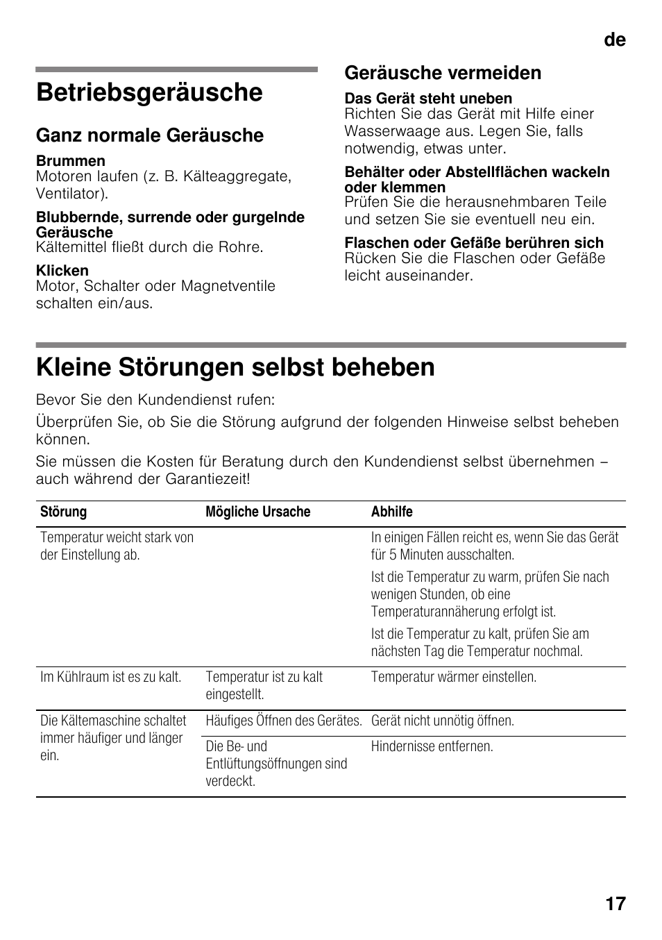Betriebsgeräusche, Ganz normale geräusche, Brummen | Blubbernde, surrende oder gurgelnde geräusche, Klicken, Geräusche vermeiden, Das gerät steht uneben, Behälter oder abstellflächen wackeln oder klemmen, Flaschen oder gefäße berühren sich, Kleine störungen selbst beheben | Neff KI8513D30 User Manual | Page 17 / 87