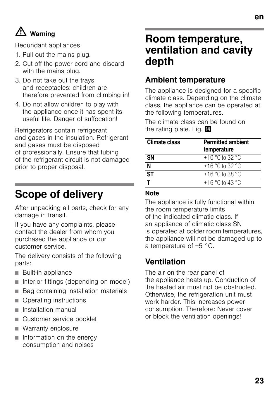 Scope of delivery, Room temperature, ventilation and cavity depth, Ambient temperature | Ventilation, Cavity depth, En 23 | Neff KI8513D30 User Manual | Page 23 / 87