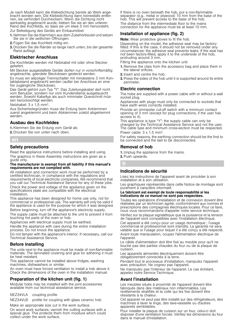 Fügen sie das kochfeld mittig ein, Elektrischer anschluss, Ausbau des kochfeldes | Klemmen sie die erdung vom gerät ab, Drücken sie von unten nach oben, Safety precautions, Before installing, Preparation of the kitchen unit (fig. 1), Installation of appliance (fig. 2), Note | Neff N13K30N0 User Manual | Page 3 / 4