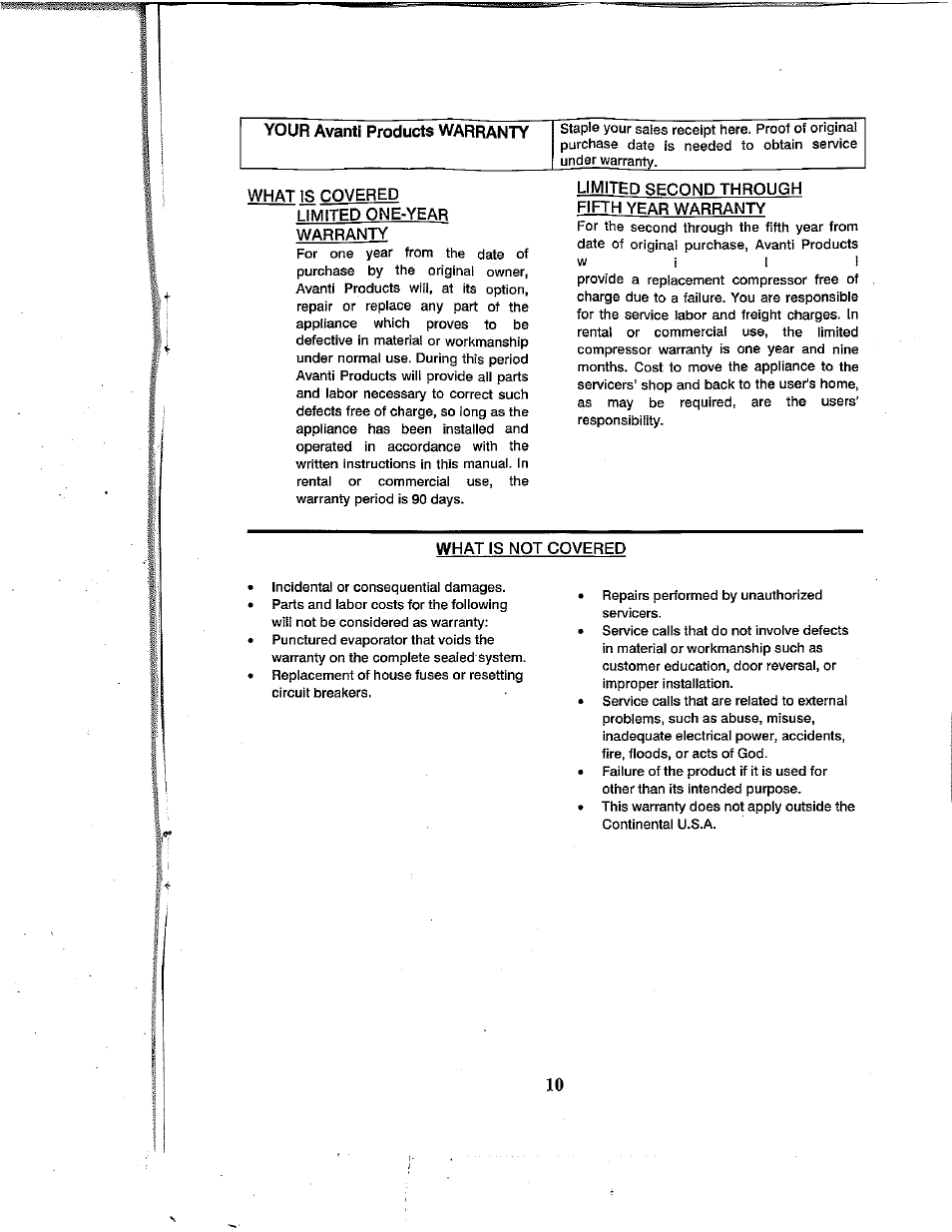 Your avanti products warranty, What is covered, Limited one-year warranty | Limited second through fifth year warranty, What is not covered | Avanti WD360 User Manual | Page 10 / 13