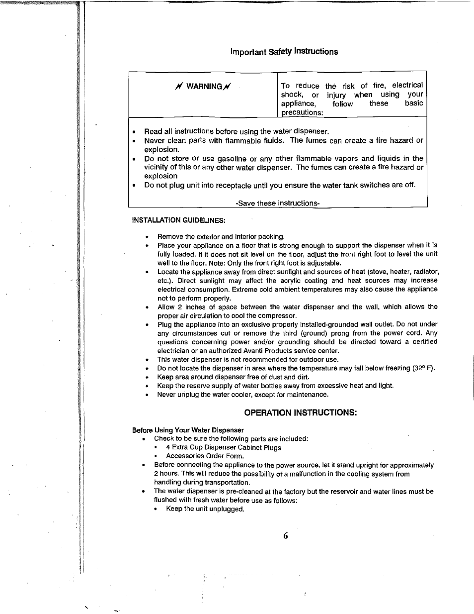 Important safety instructions, Y warningy, Operation instructions | Avanti WD360 User Manual | Page 6 / 13