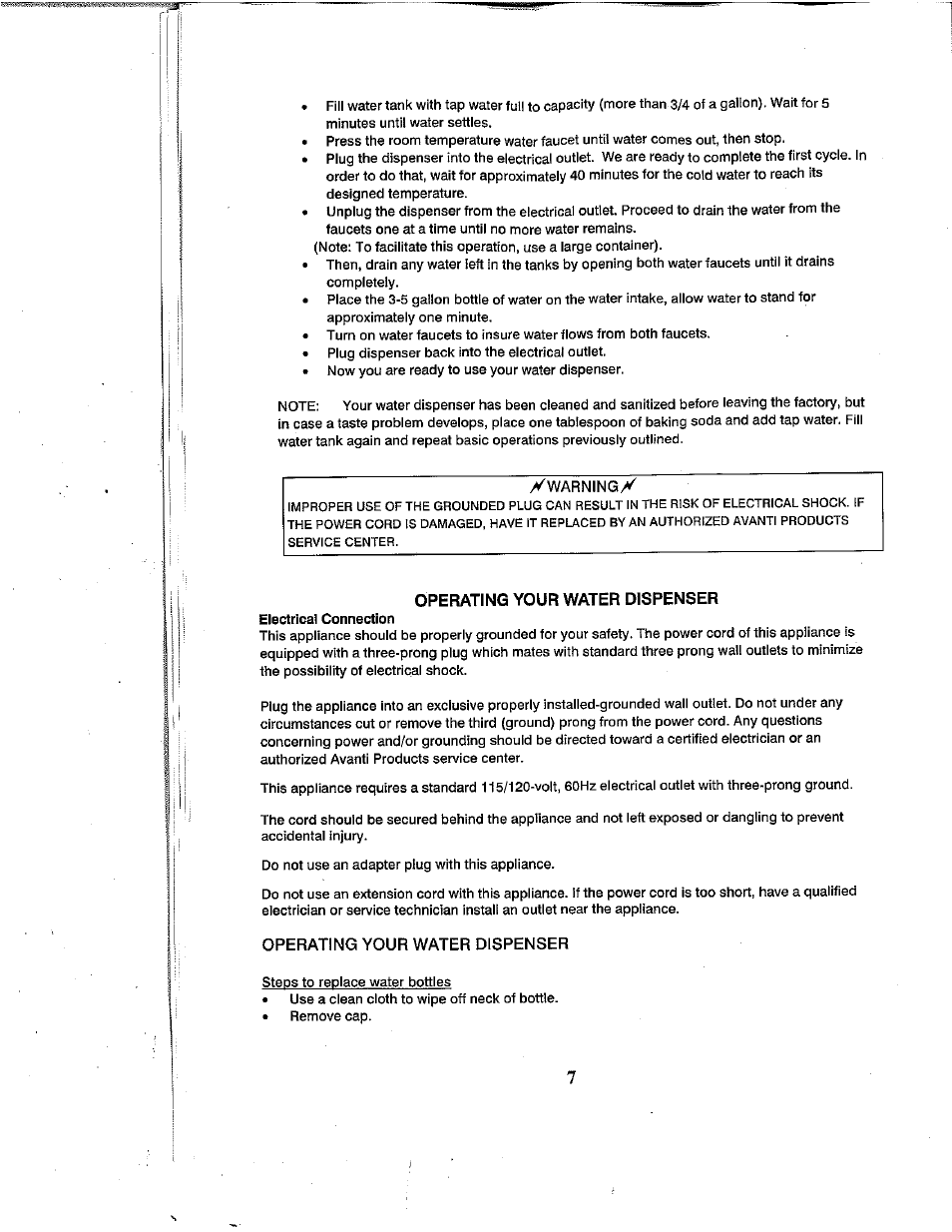 Operating your water dispenser | Avanti WD360 User Manual | Page 7 / 13