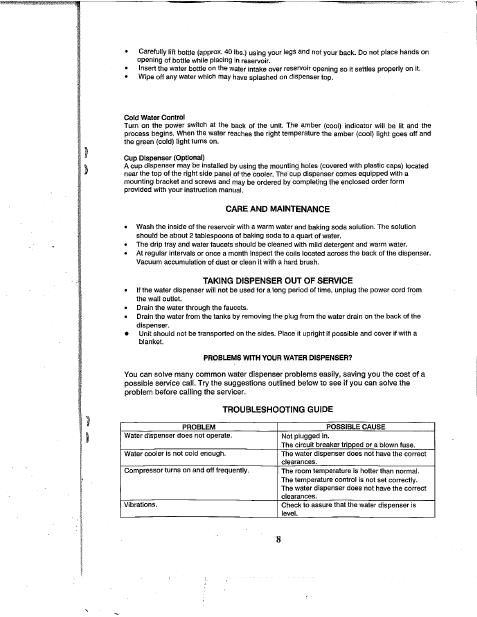 Cold water control, Cup dispenser (optional), Care and maintenance | Taking dispenser out of service, Problems with your water dispenser, Troubleshooting guide | Avanti WD360 User Manual | Page 8 / 13