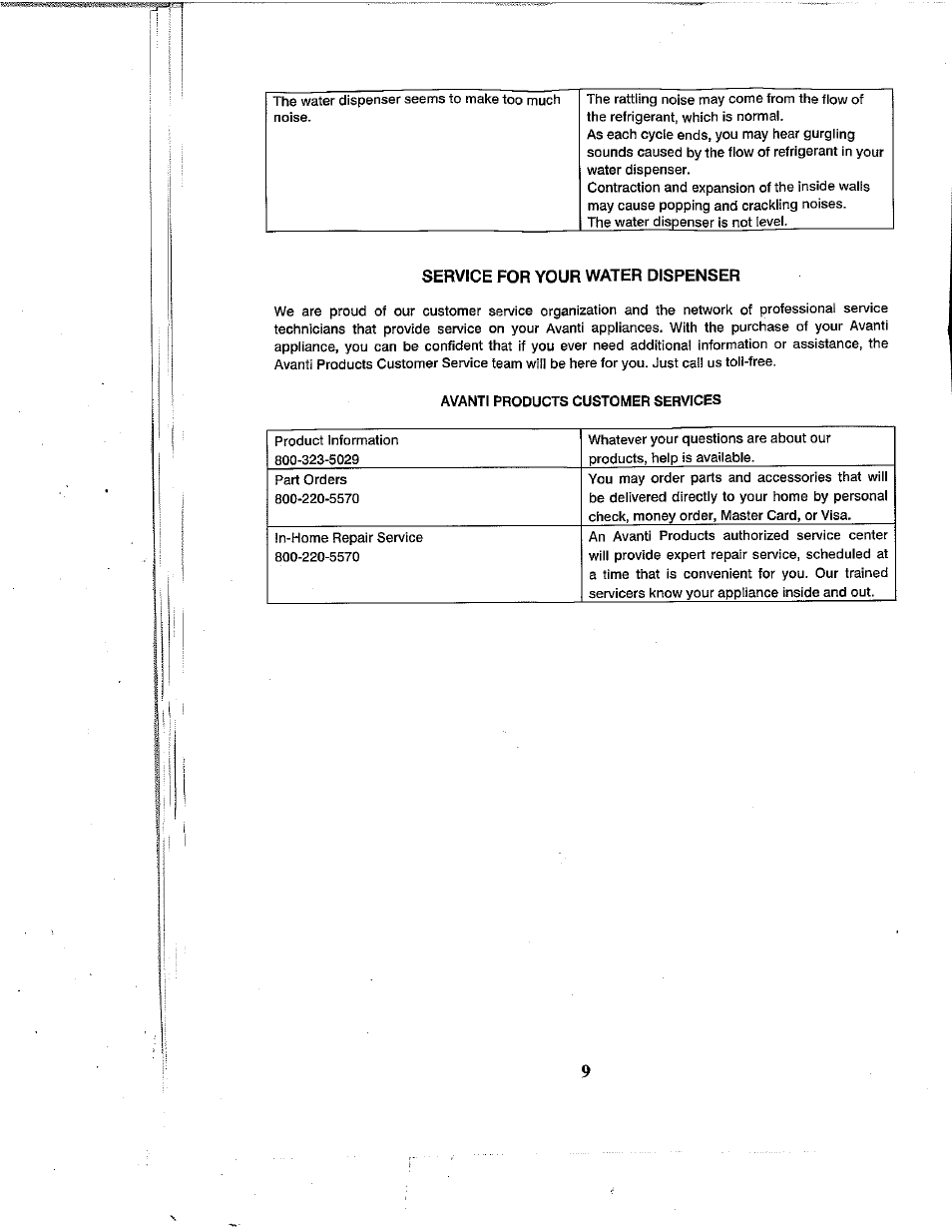 Service for your water dispenser | Avanti WD360 User Manual | Page 9 / 13