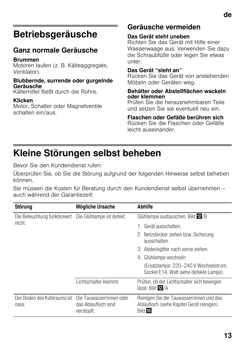 Betriebsgeräusche, Ganz normale geräusche, Brummen | Blubbernde, surrende oder gurgelnde geräusche, Klicken, Geräusche vermeiden, Das gerät steht uneben, Das gerät “steht an, Behälter oder abstellflächen wackeln oder klemmen, Flaschen oder gefäße berühren sich | Neff K4316X8 User Manual | Page 13 / 62