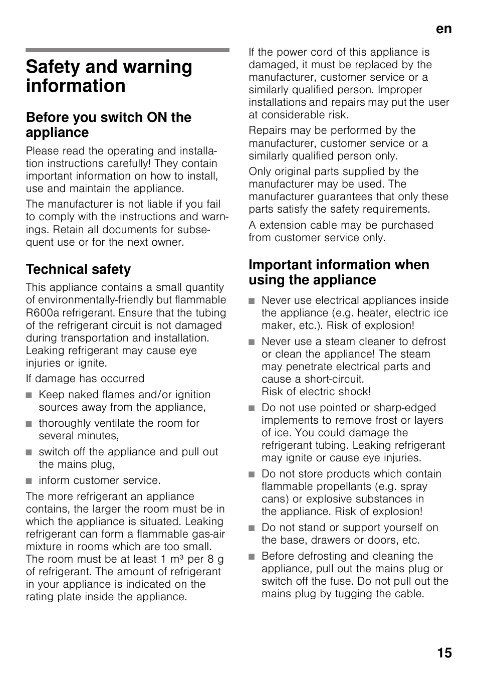 En table of contentsen instruction for use, Safety and warning information, Before you switch on the appliance | Technical safety, Important information when using the appliance, En 15 | Neff K4316X8 User Manual | Page 15 / 62