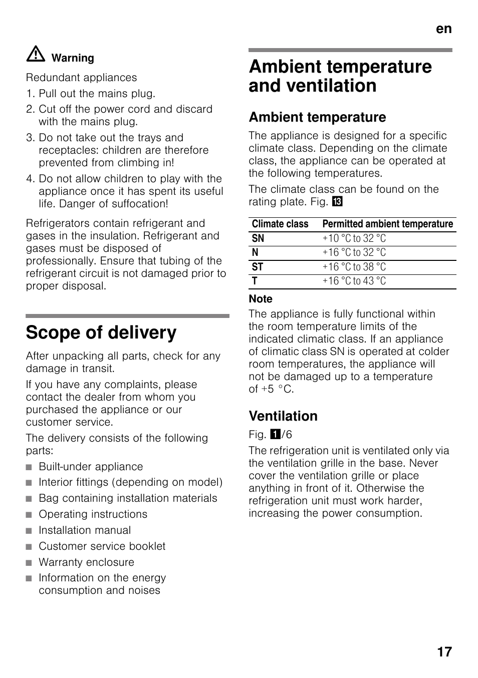 Scope of delivery, Ambient temperature and ventilation, Ambient temperature | Ventilation, En 17 | Neff K4316X8 User Manual | Page 17 / 62