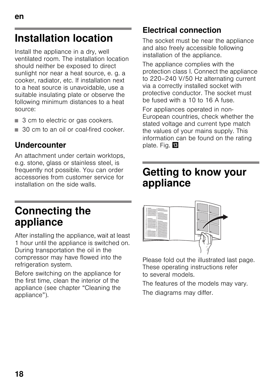 Installation location, Undercounter, Connecting the appliance | Electrical connection, Getting to know your appliance, En 18 | Neff K4316X8 User Manual | Page 18 / 62