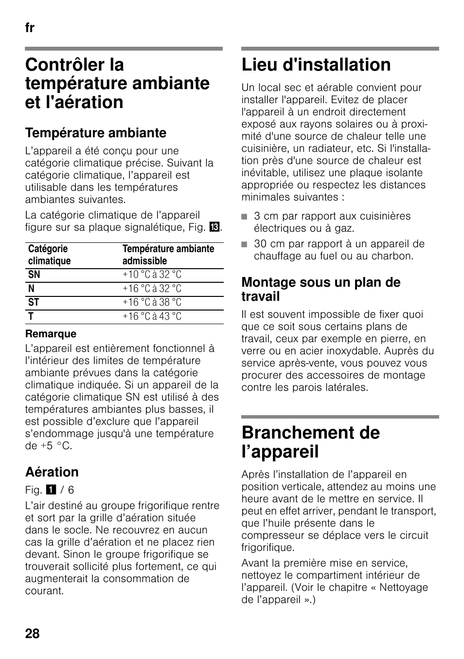 Contrôler la température ambiante et l'aération, Température ambiante, Aération | Lieu d'installation, Montage sous un plan de travail, Branchement de l’appareil, Fr 28 | Neff K4316X8 User Manual | Page 28 / 62