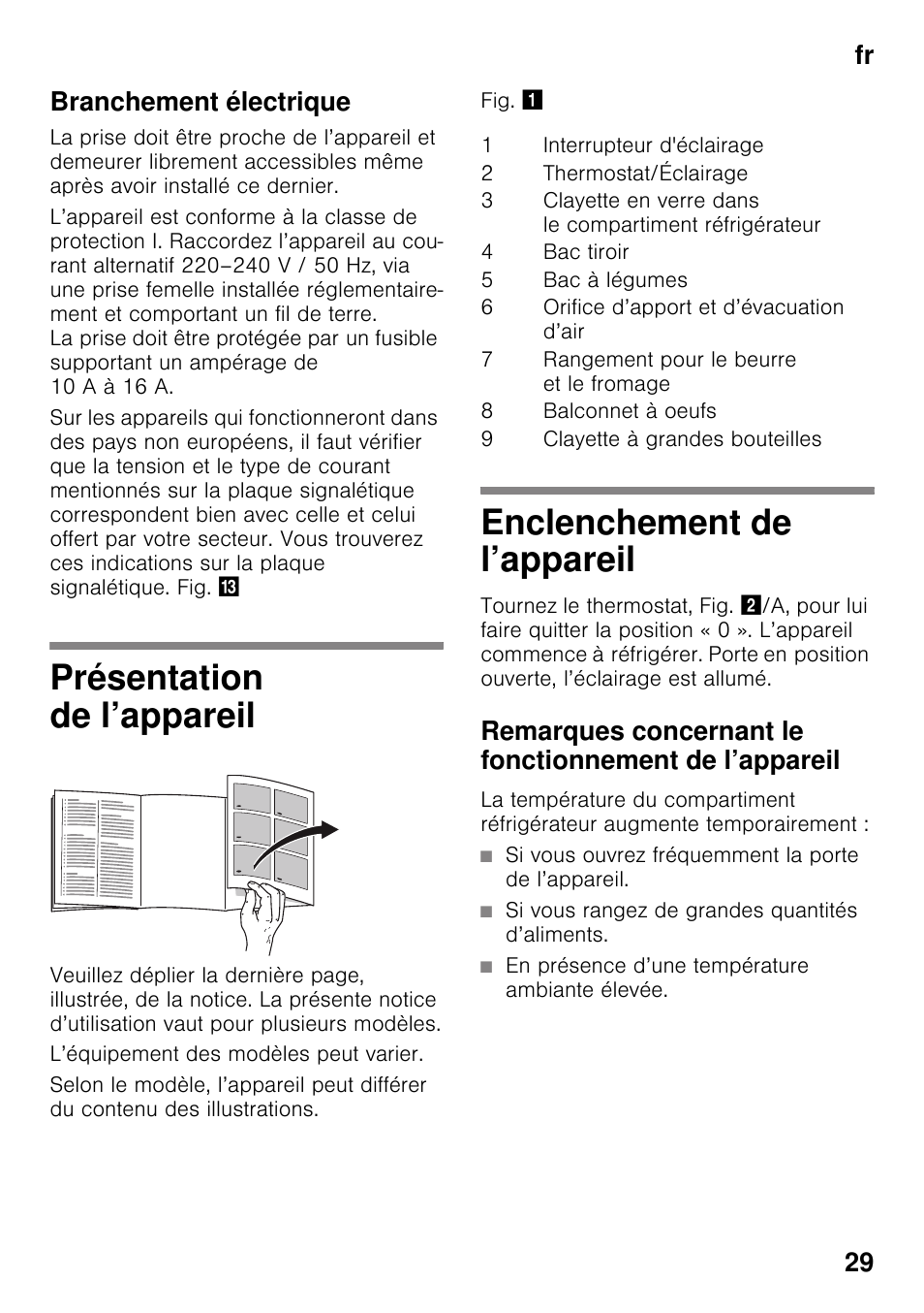 Branchement électrique, Présentation de l’appareil, Enclenchement de l’appareil | Fr 29 branchement électrique | Neff K4316X8 User Manual | Page 29 / 62