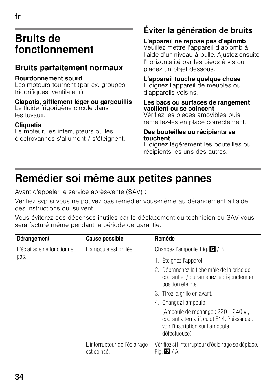 Bruits de fonctionnement, Bruits parfaitement normaux, Bourdonnement sourd | Clapotis, sifflement léger ou gargouillis, Cliquetis, Éviter la génération de bruits, L'appareil ne repose pas d'aplomb, L'appareil touche quelque chose, Des bouteilles ou récipients se touchent, Remédier soi même aux petites pannes | Neff K4316X8 User Manual | Page 34 / 62