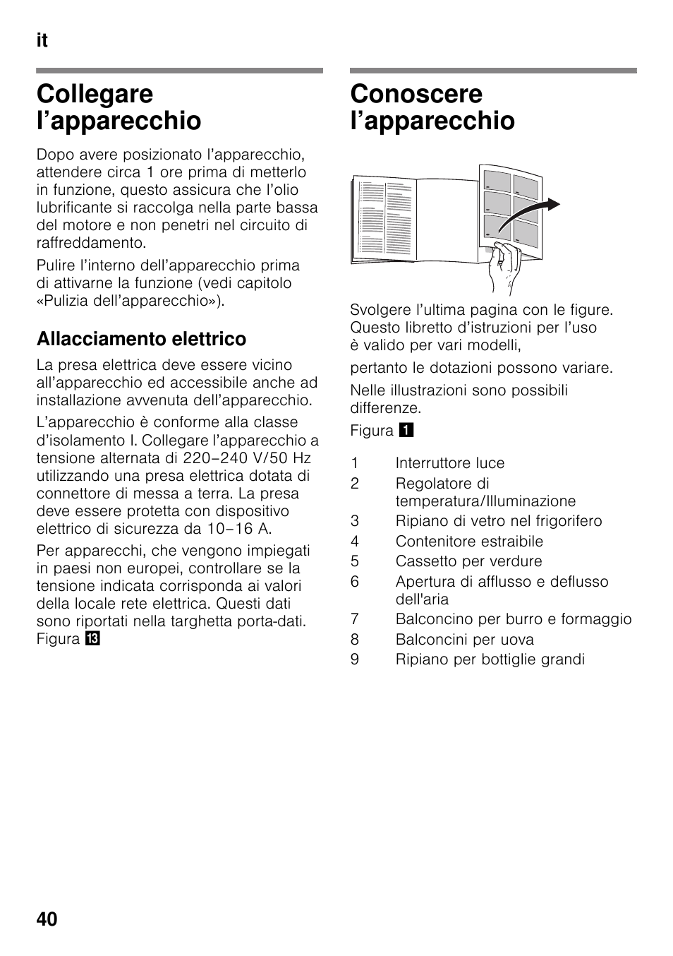 Collegare l’apparecchio, Allacciamento elettrico, Conoscere l’apparecchio | Collegare l’apparecchio conoscere l’apparecchio, It 40 | Neff K4316X8 User Manual | Page 40 / 62