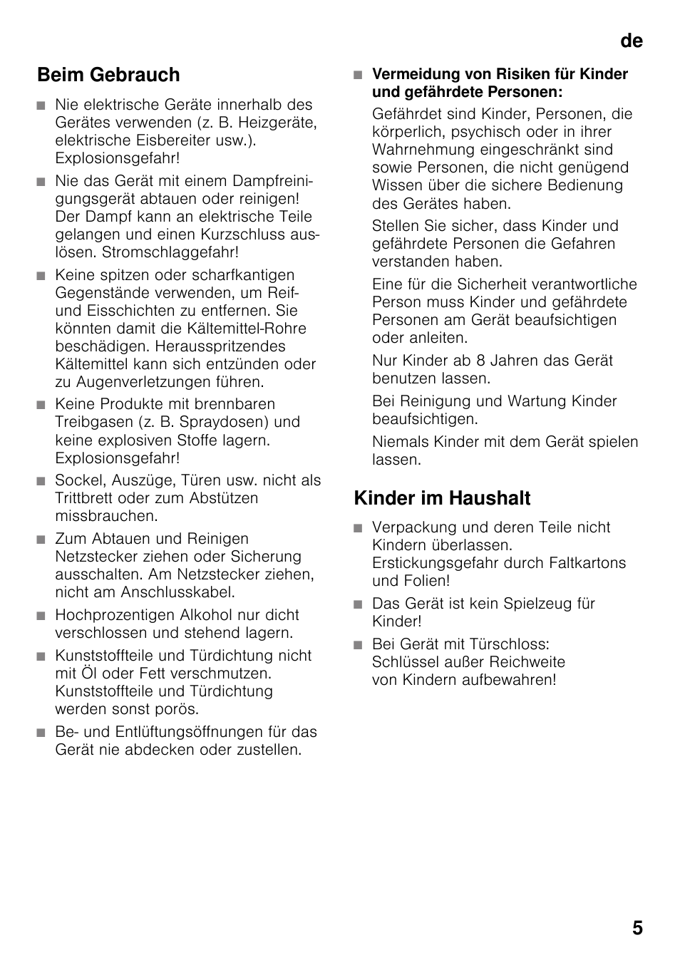 Beim gebrauch, Kinder im haushalt, De 5 beim gebrauch | Neff K4316X8 User Manual | Page 5 / 62