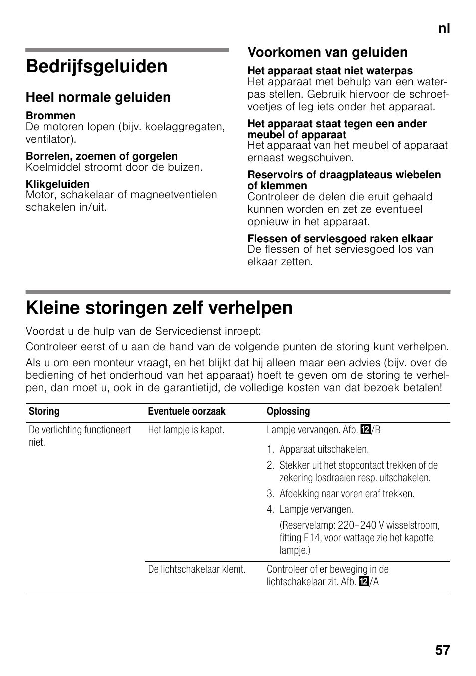 Bedrijfsgeluiden, Heel normale geluiden, Brommen | Borrelen, zoemen of gorgelen, Klikgeluiden, Voorkomen van geluiden, Het apparaat staat niet waterpas, Reservoirs of draagplateaus wiebelen of klemmen, Flessen of serviesgoed raken elkaar, Kleine storingen zelf verhelpen | Neff K4316X8 User Manual | Page 57 / 62